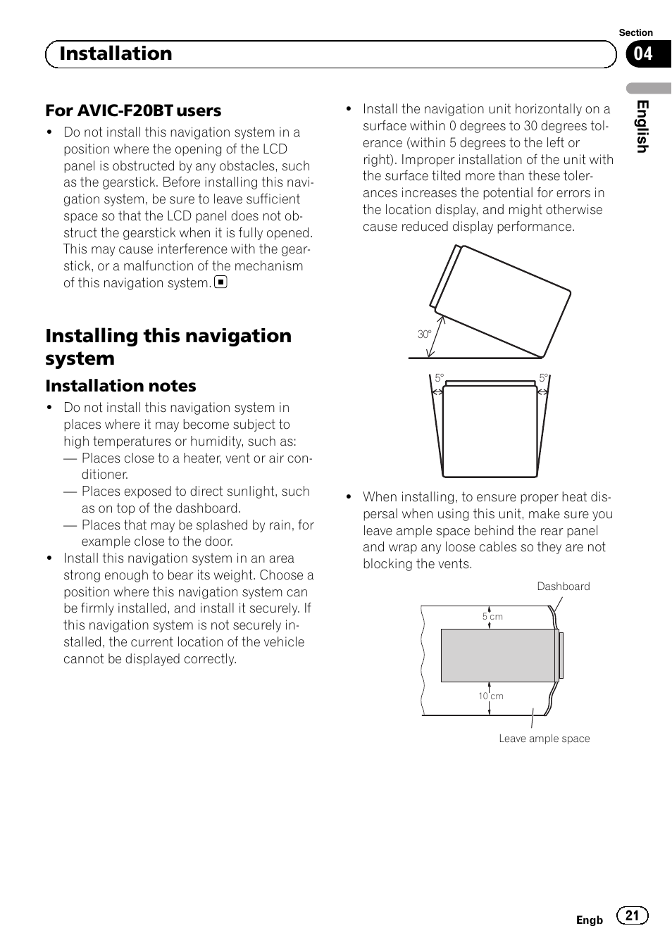 For avic-f20bt users 21, Installing this navigation system, Installation notes 21 | 04 installation, For avic-f20bt users | Pioneer AVIC-F9210BT User Manual | Page 21 / 172