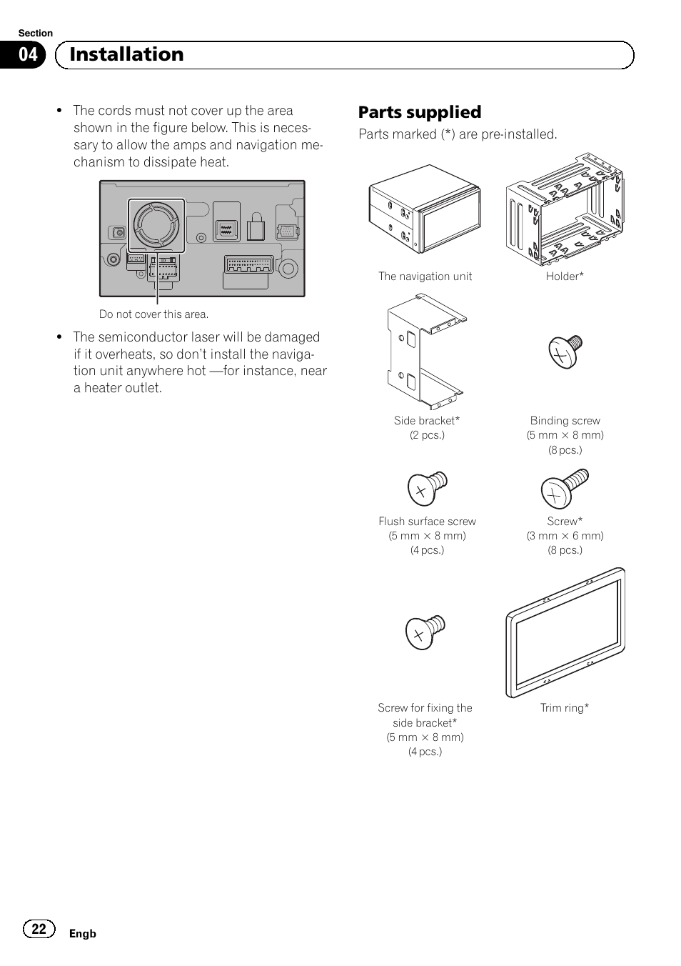 Parts supplied 22, 04 installation, Parts supplied | Pioneer AVIC-F9210BT User Manual | Page 22 / 172