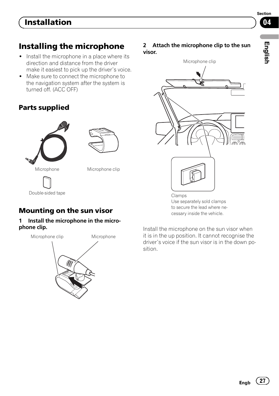 Installing the microphone, Parts supplied 27, Mounting on the sun visor 27 | 04 installation, Parts supplied, Mounting on the sun visor | Pioneer AVIC-F9210BT User Manual | Page 27 / 172