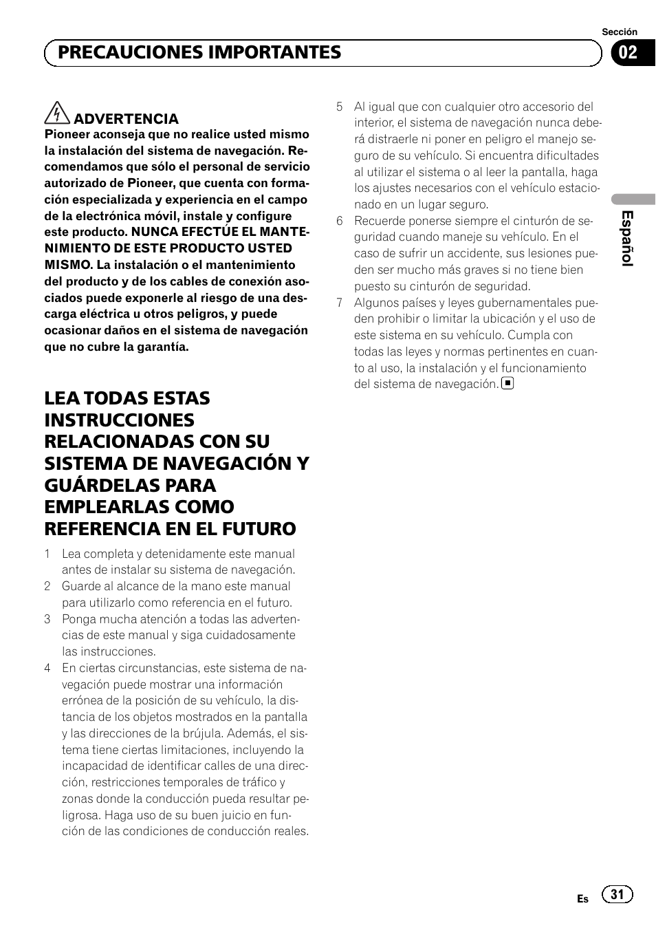 02 precauciones importantes | Pioneer AVIC-F9210BT User Manual | Page 31 / 172