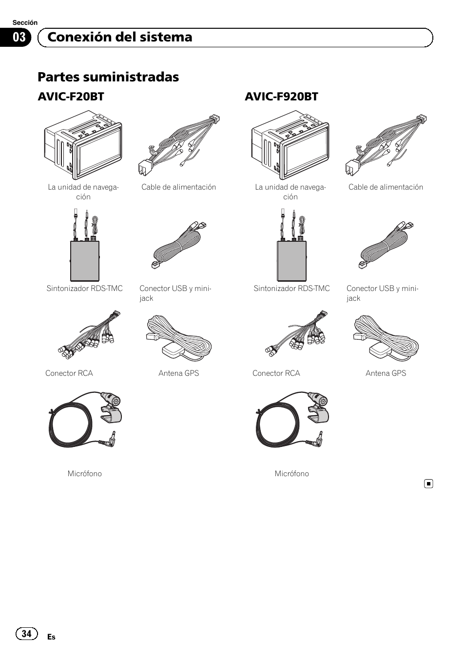 Partes suministradas, Avic-f20bt 34, Avic-f920bt 34 | 03 conexión del sistema, Avic-f20bt, Avic-f920bt | Pioneer AVIC-F9210BT User Manual | Page 34 / 172