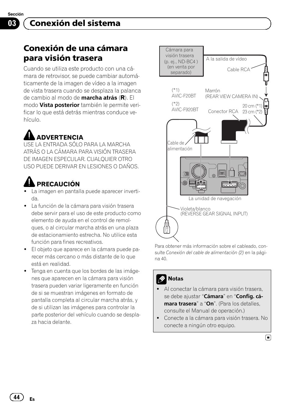 Conexión de una cámara para visión, Trasera, Conexión de una cámara para visión trasera | 03 conexión del sistema | Pioneer AVIC-F9210BT User Manual | Page 44 / 172