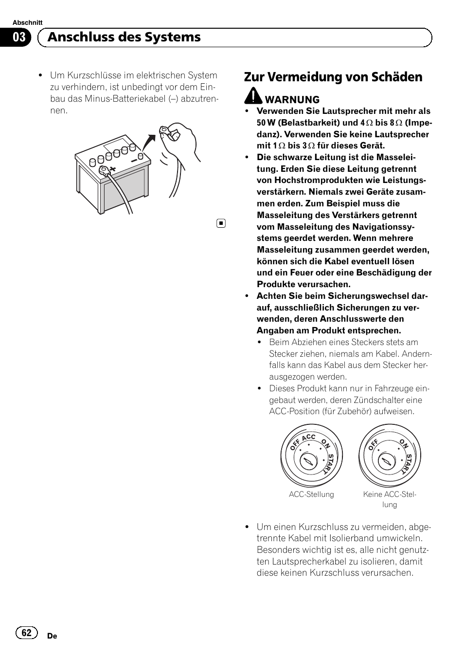 Zur vermeidung von schäden, 03 anschluss des systems, Warnung | Pioneer AVIC-F9210BT User Manual | Page 62 / 172