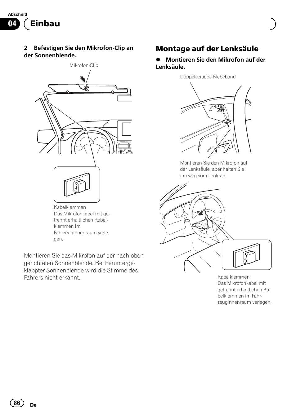 Montage auf der lenksäule 86, 04 einbau, Montage auf der lenksäule | Pioneer AVIC-F9210BT User Manual | Page 86 / 172