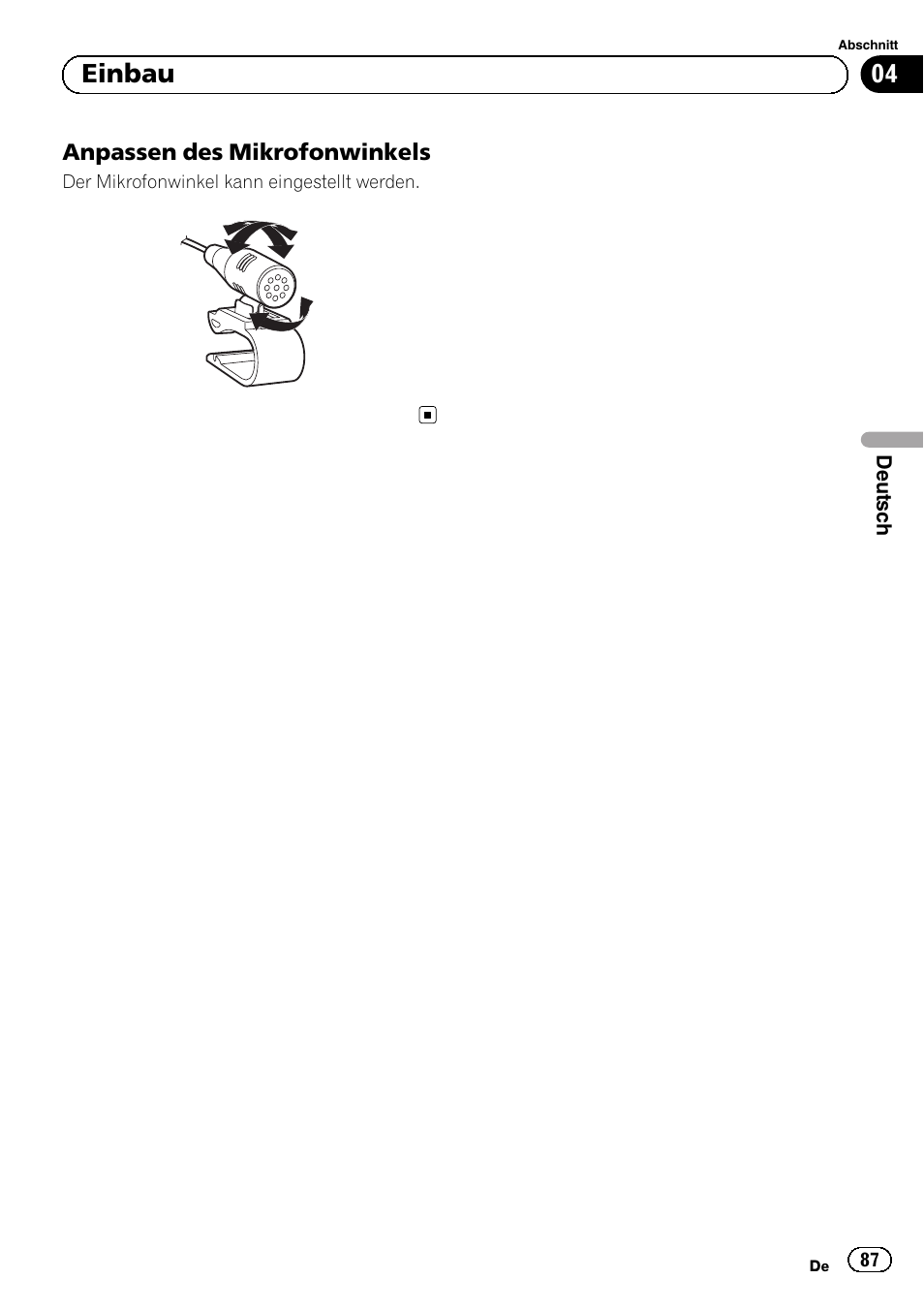 Anpassen des mikrofonwinkels 87, 04 einbau | Pioneer AVIC-F9210BT User Manual | Page 87 / 172