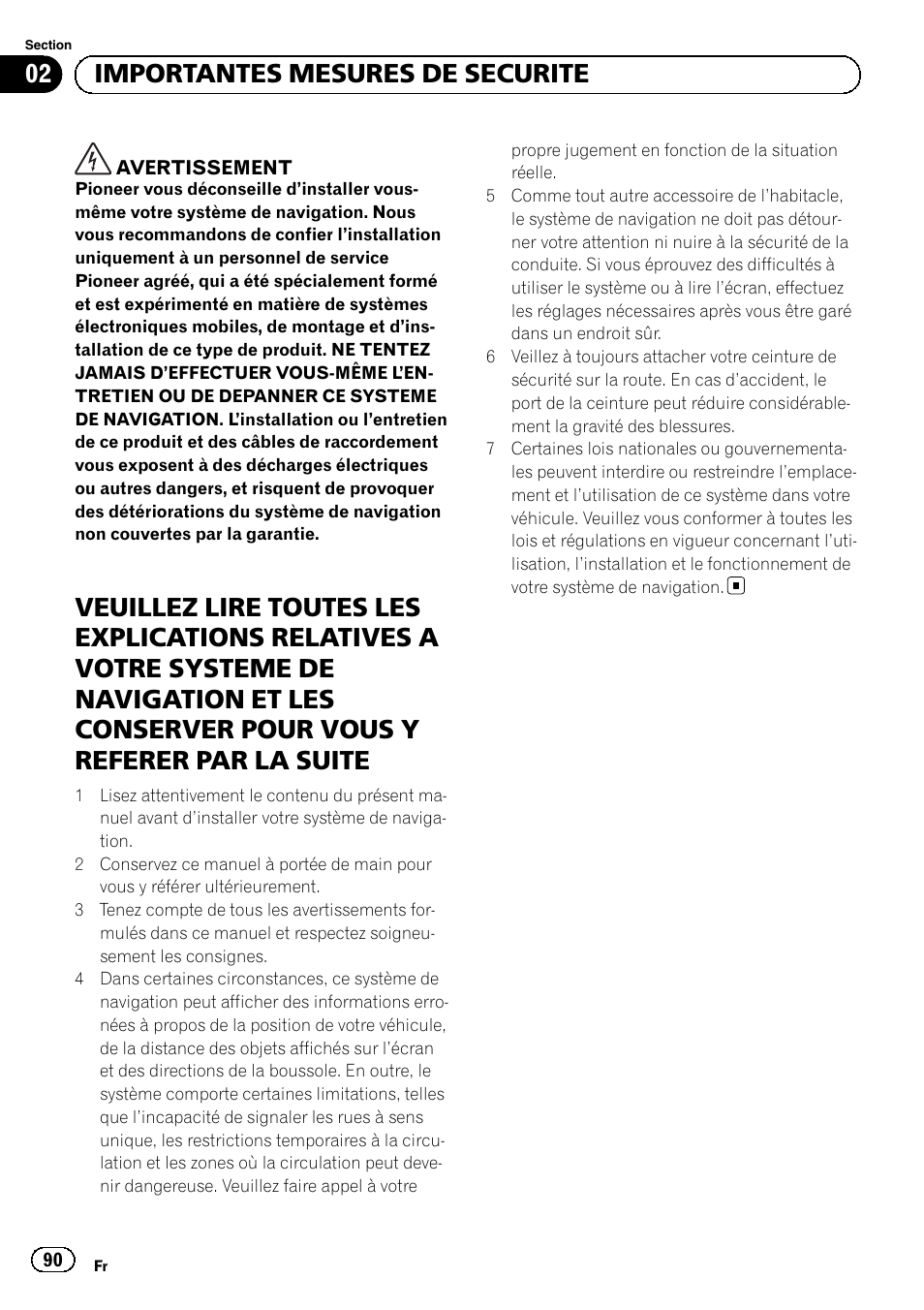 02 importantes mesures de securite | Pioneer AVIC-F9210BT User Manual | Page 90 / 172