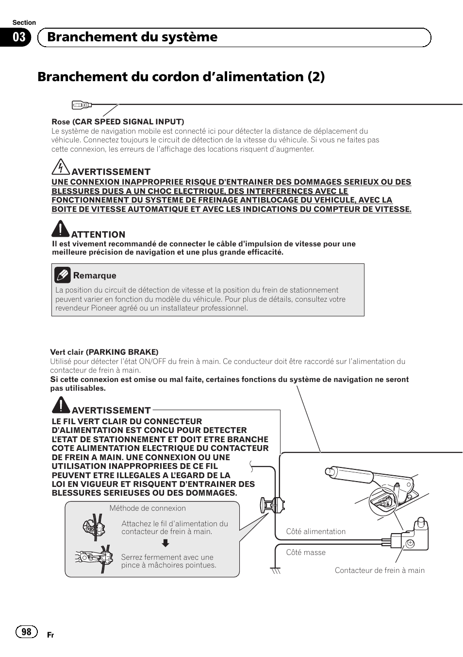 Branchement du cordon d, Alimentation, Branchement du cordon d ’alimentation (2) | 03 branchement du système | Pioneer AVIC-F9210BT User Manual | Page 98 / 172