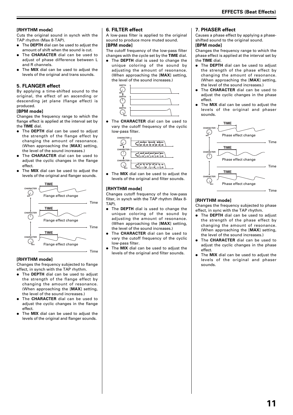 Effects (beat effects), Filter effect, Phaser effect | Flanger effect | Pioneer EFX-1000 User Manual | Page 11 / 28