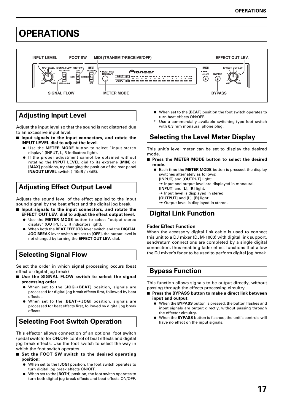 Operations, Adjusting input level, Adjusting effect output level | Selecting signal flow, Selecting foot switch operation, Selecting the level meter display, Digital link function, Bypass function | Pioneer EFX-1000 User Manual | Page 17 / 28