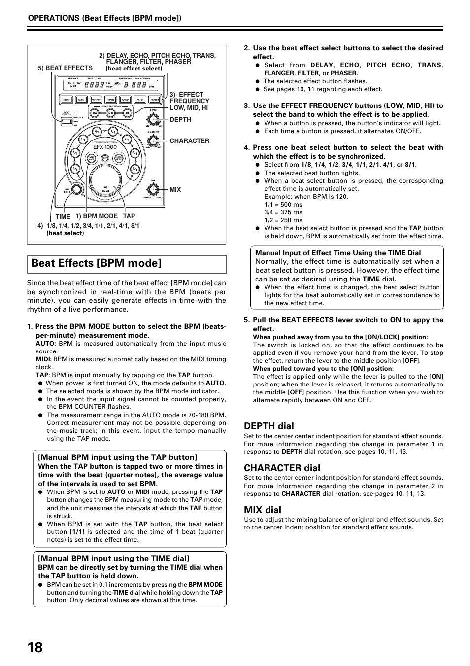 Beat effects [bpm mode, Depth dial, Character dial | Mix dial | Pioneer EFX-1000 User Manual | Page 18 / 28