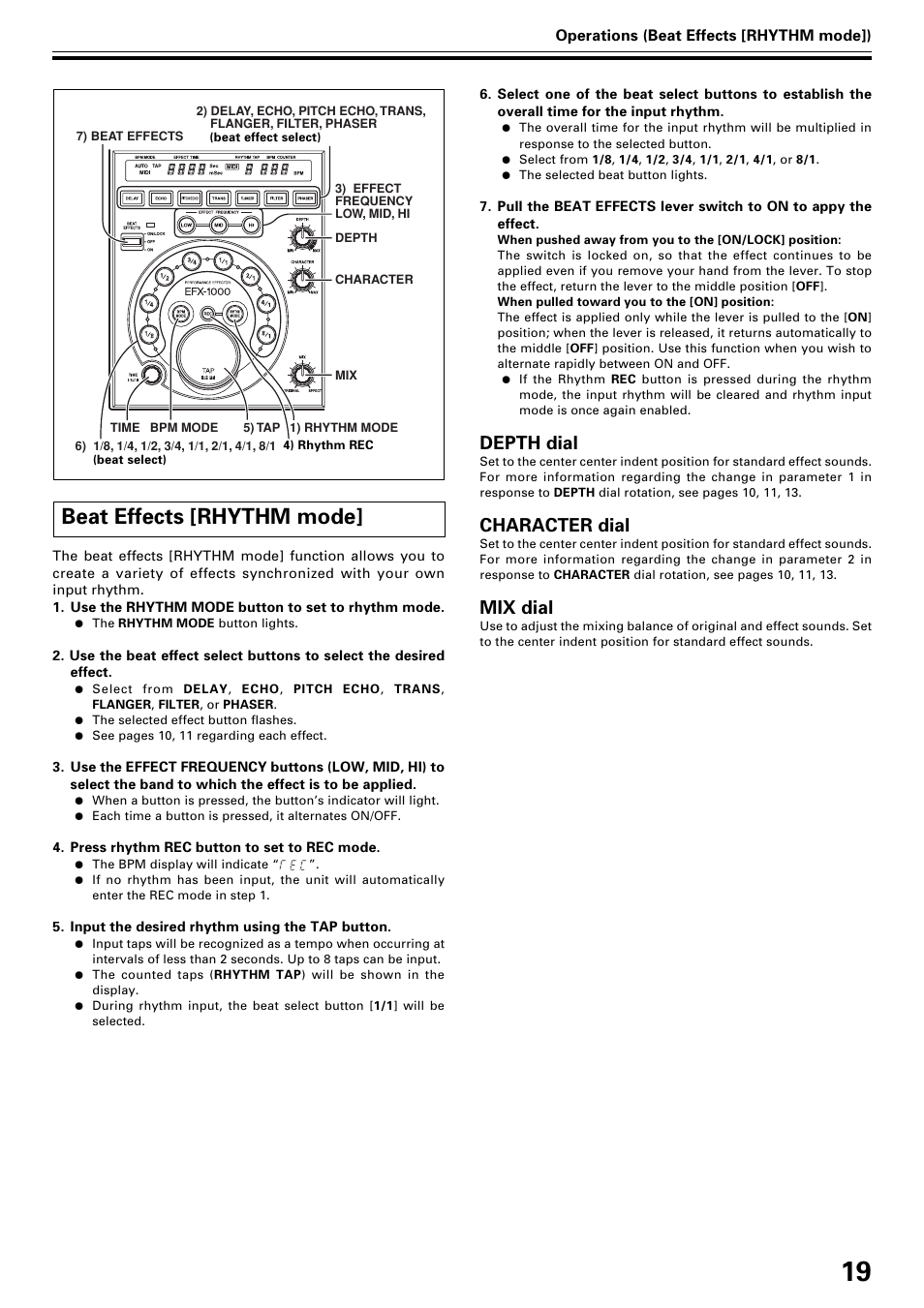 Beat effects [ryhthm mode, Beat effects [rhythm mode, Depth dial | Character dial, Mix dial | Pioneer EFX-1000 User Manual | Page 19 / 28