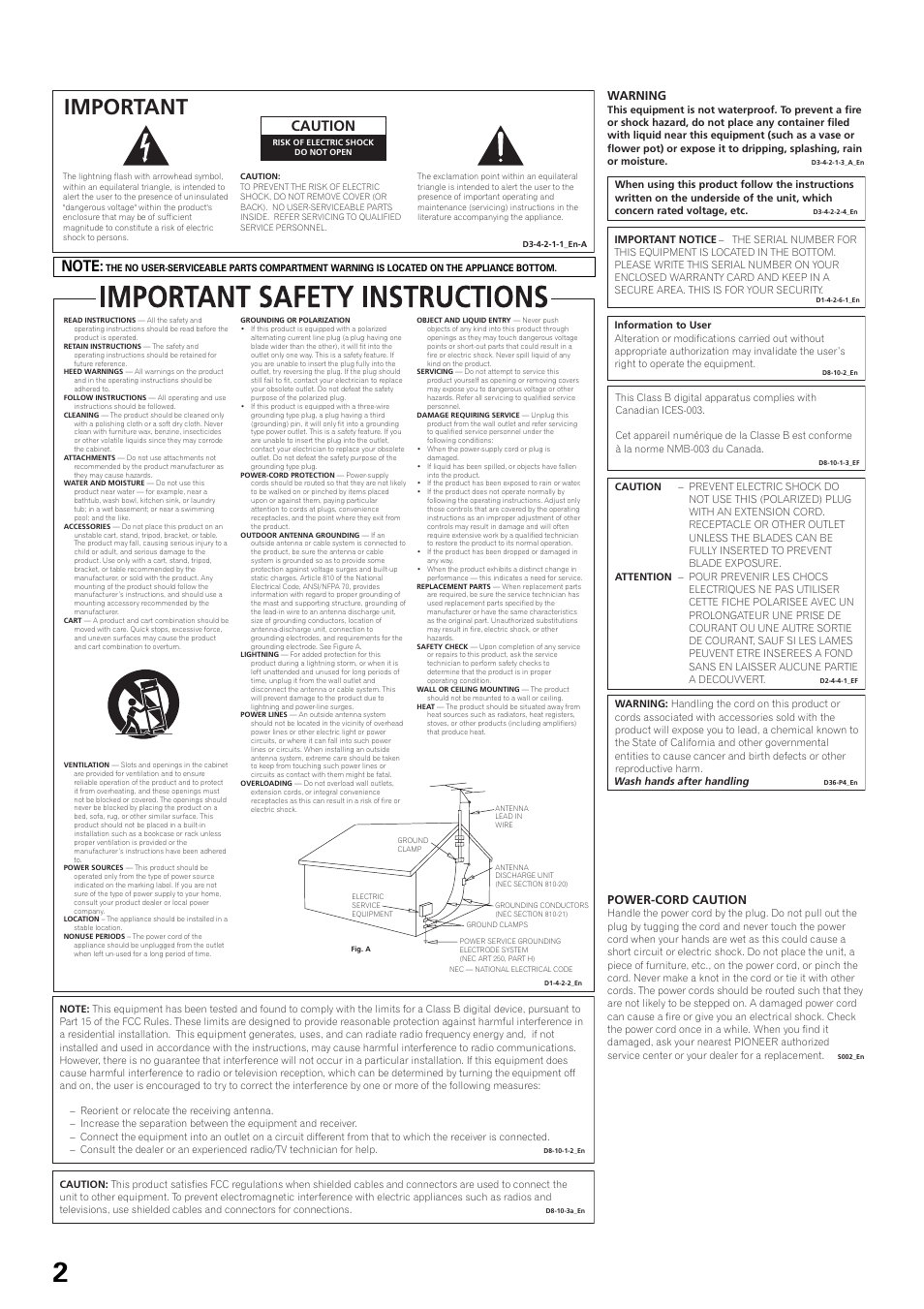 Important, Caution, Warning | Power-cord caution | Pioneer EFX-1000 User Manual | Page 2 / 28