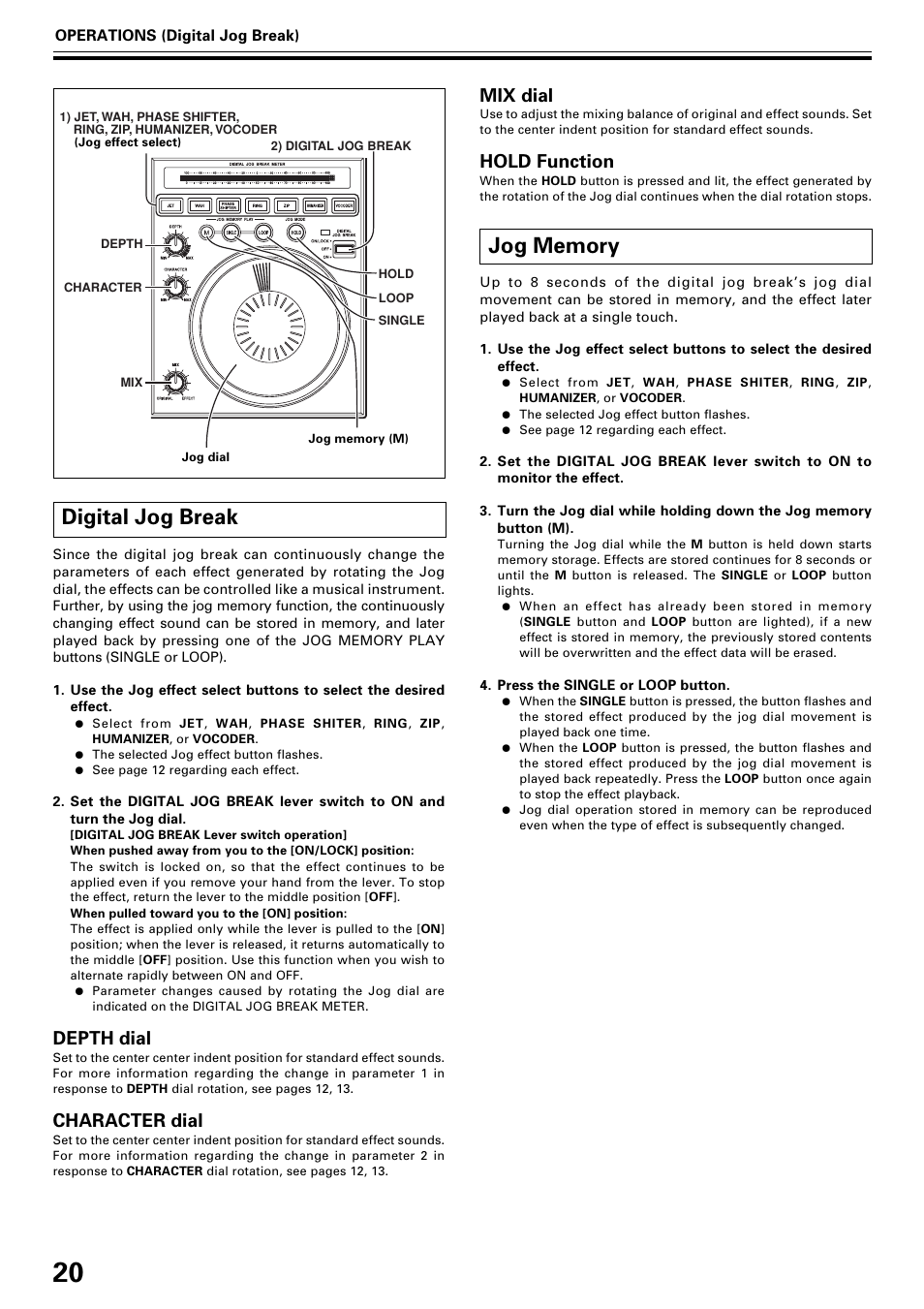 Digital jog break jog memory, Digital jog break, Depth dial | Character dial, Mix dial, Hold function | Pioneer EFX-1000 User Manual | Page 20 / 28