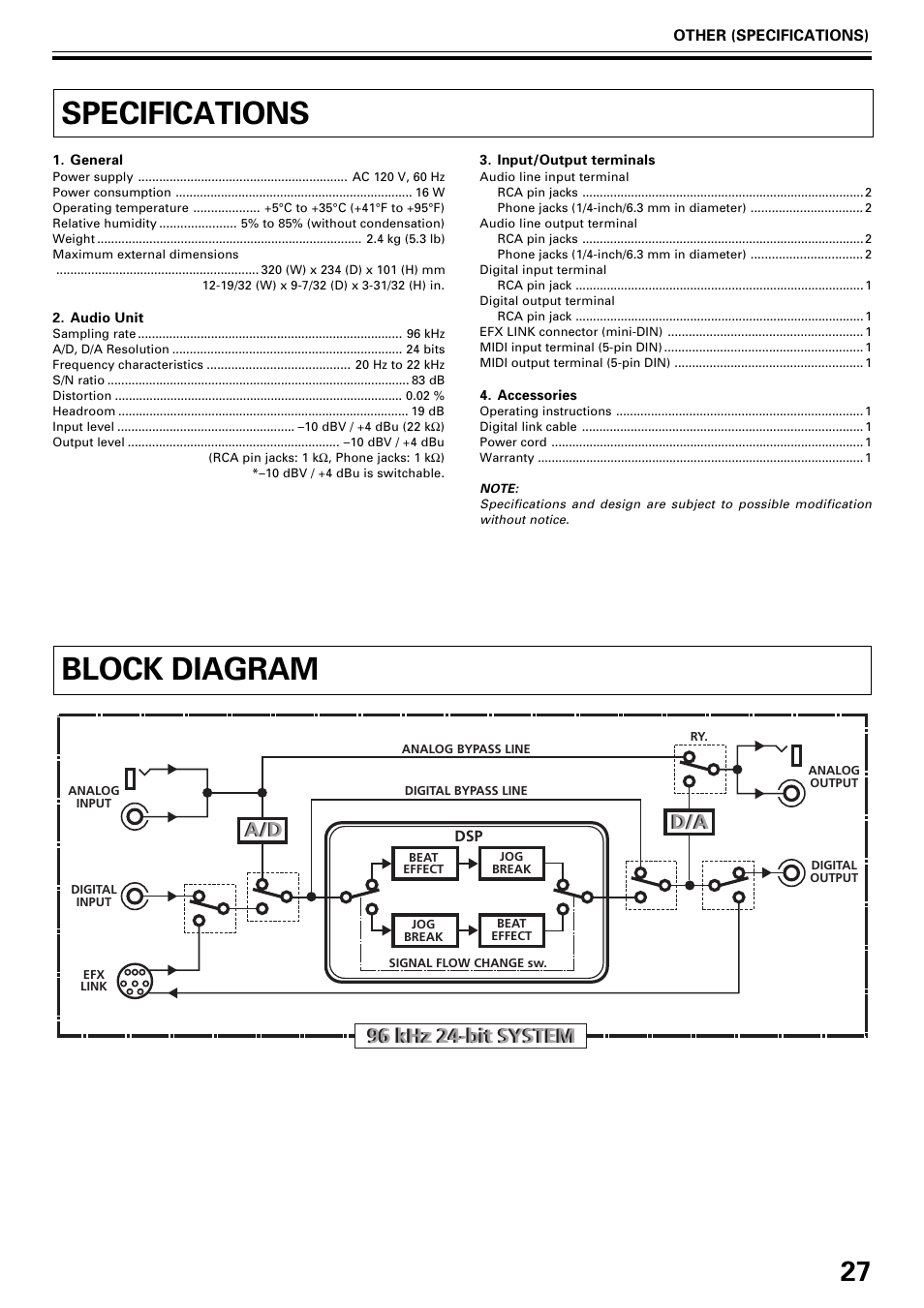 Specifications block diagram, Block diagram, Specifications | Pioneer EFX-1000 User Manual | Page 27 / 28