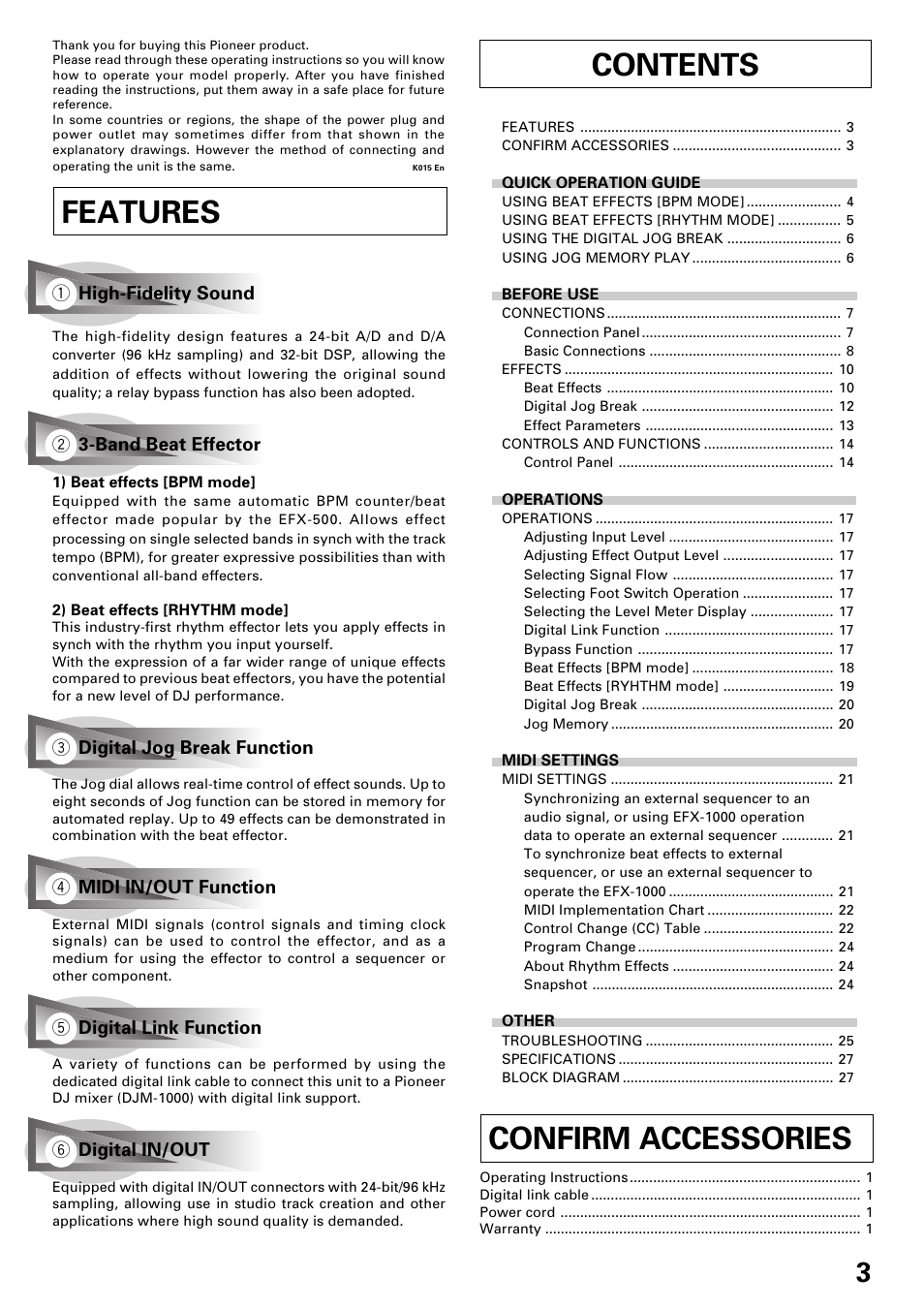Features contents, Confirm accessories | Pioneer EFX-1000 User Manual | Page 3 / 28