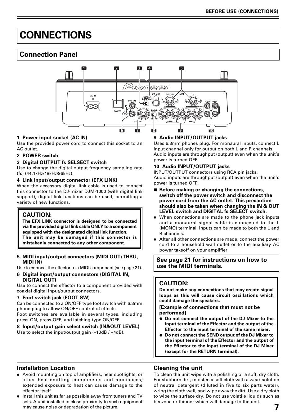 Connections, Connection panel, Caution | Installation location, Cleaning the unit | Pioneer EFX-1000 User Manual | Page 7 / 28