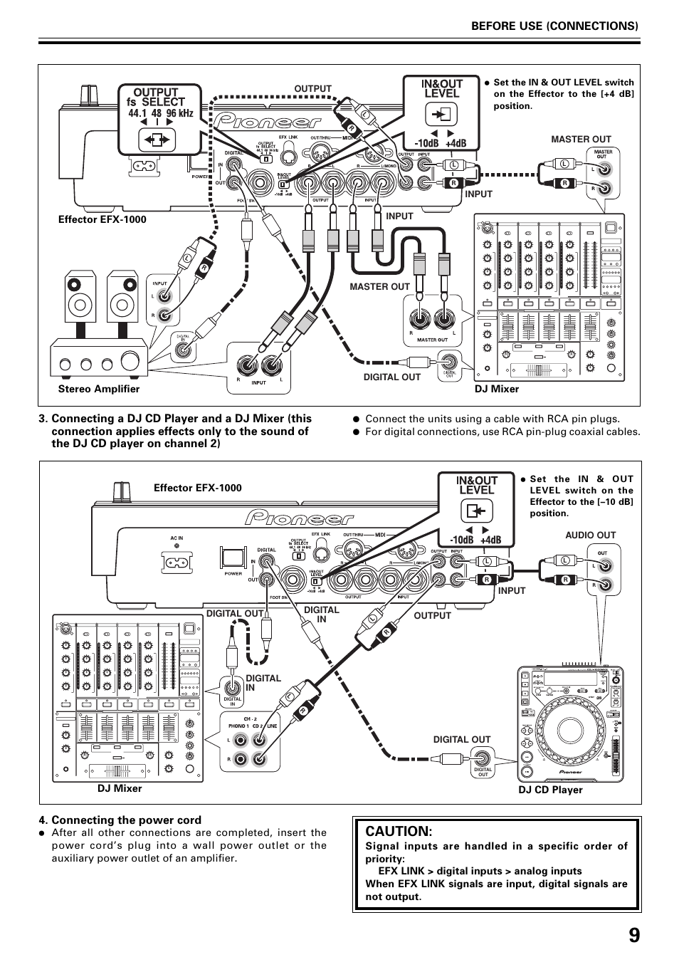 Caution, Connecting the power cord | Pioneer EFX-1000 User Manual | Page 9 / 28