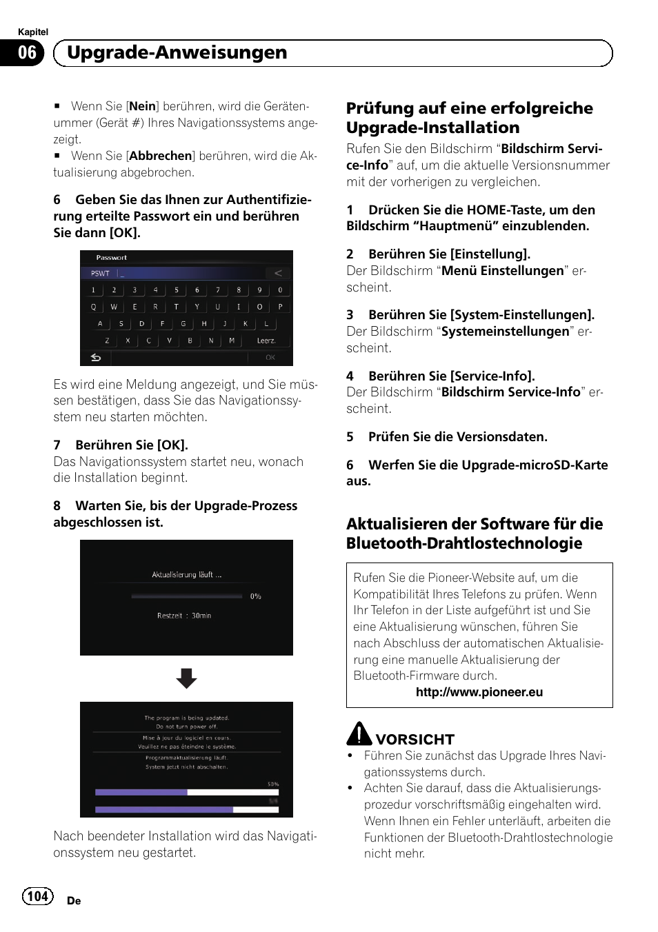 Prüfung auf eine erfolgreiche upgrade, Installation, Aktualisieren der software für die | Bluetooth-drahtlostechnologie, Aktua, 06 upgrade-anweisungen, Prüfung auf eine erfolgreiche upgrade-installation | Pioneer AVIC-F9310BT User Manual | Page 104 / 128