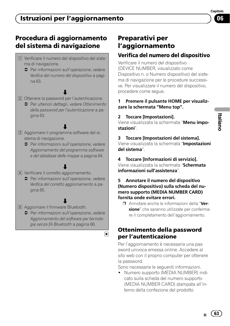 Istruzioni per l, Aggiornamento, Procedura di aggiornamento del sistema di | Navigazione, Preparativi per l, Aggiornamento 63, Verifica del numero del dispositivo 63, Ottenimento della password per, Autenticazione 63, Preparativi per l ’aggiornamento | Pioneer AVIC-F9310BT User Manual | Page 63 / 128