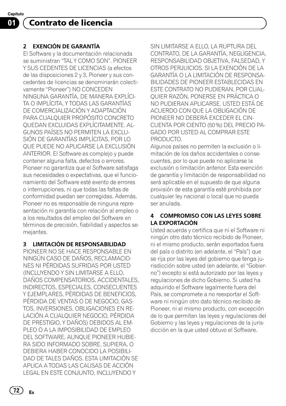 01 contrato de licencia | Pioneer AVIC-F9310BT User Manual | Page 72 / 128