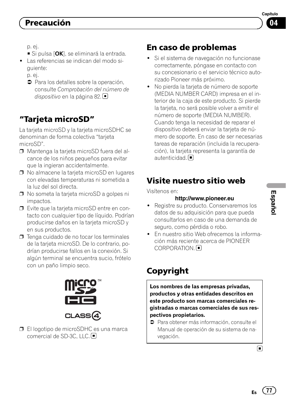 Tarjeta microsd” 77 en caso de problemas, Visite nuestro sitio web, Copyright | Tarjeta microsd, En caso de problemas, 04 precaución | Pioneer AVIC-F9310BT User Manual | Page 77 / 128