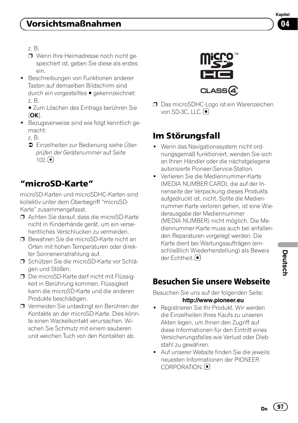 Microsd-karte” 97 im störungsfall, Besuchen sie unsere webseite, Microsd-karte | Im störungsfall, 04 vorsichtsmaßnahmen | Pioneer AVIC-F9310BT User Manual | Page 97 / 128