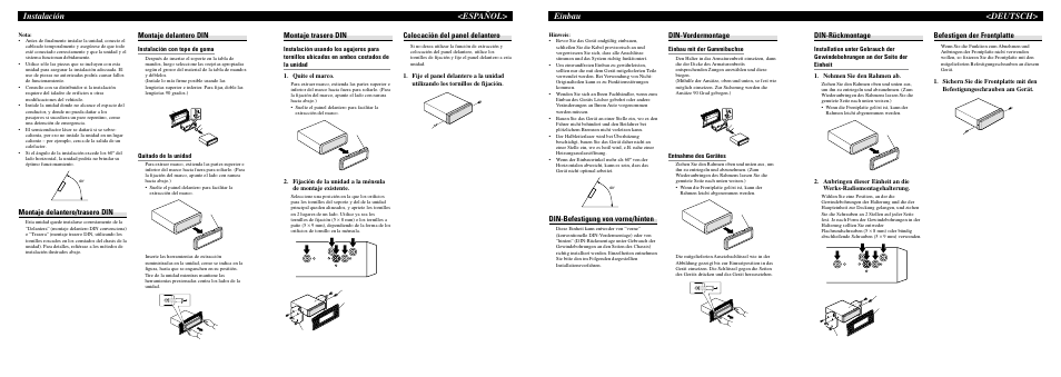 Instalación <español, Einbau <deutsch, Montaje delantero/trasero din | Montaje delantero din, Montaje trasero din, Colocación del panel delantero, Din-rückmontage, Befestigen der frontplatte, Din-befestigung von vorne/hinten, Din-vordermontage | Pioneer DEH-30MP User Manual | Page 2 / 8
