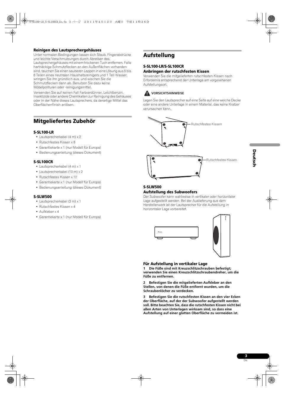 Mitgeliefertes zubehör, Aufstellung | Pioneer HTP-SL100 User Manual | Page 15 / 80