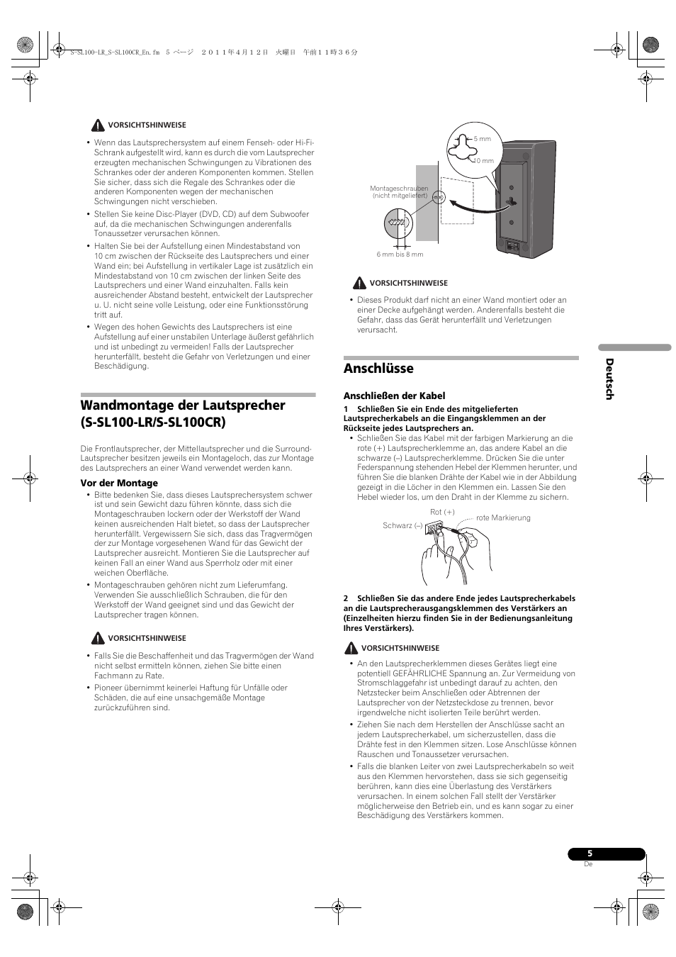 Anschlüsse | Pioneer HTP-SL100 User Manual | Page 17 / 80