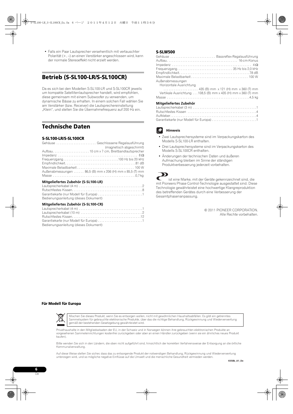 Technische daten | Pioneer HTP-SL100 User Manual | Page 18 / 80