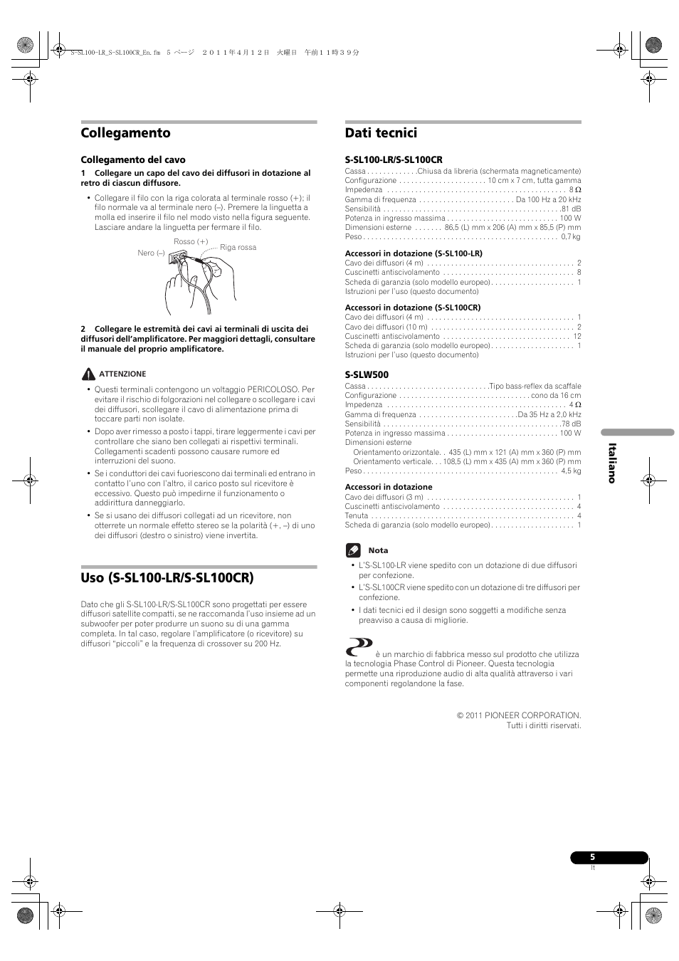 Collegamento, Dati tecnici | Pioneer HTP-SL100 User Manual | Page 23 / 80