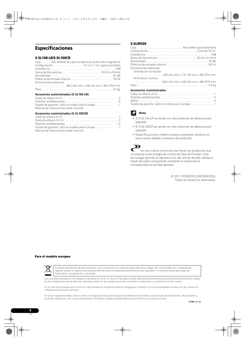 Especificaciones | Pioneer HTP-SL100 User Manual | Page 36 / 80