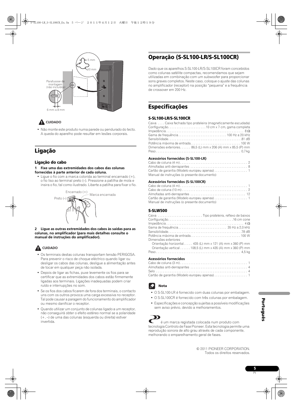 Ligação, Especificações | Pioneer HTP-SL100 User Manual | Page 41 / 80