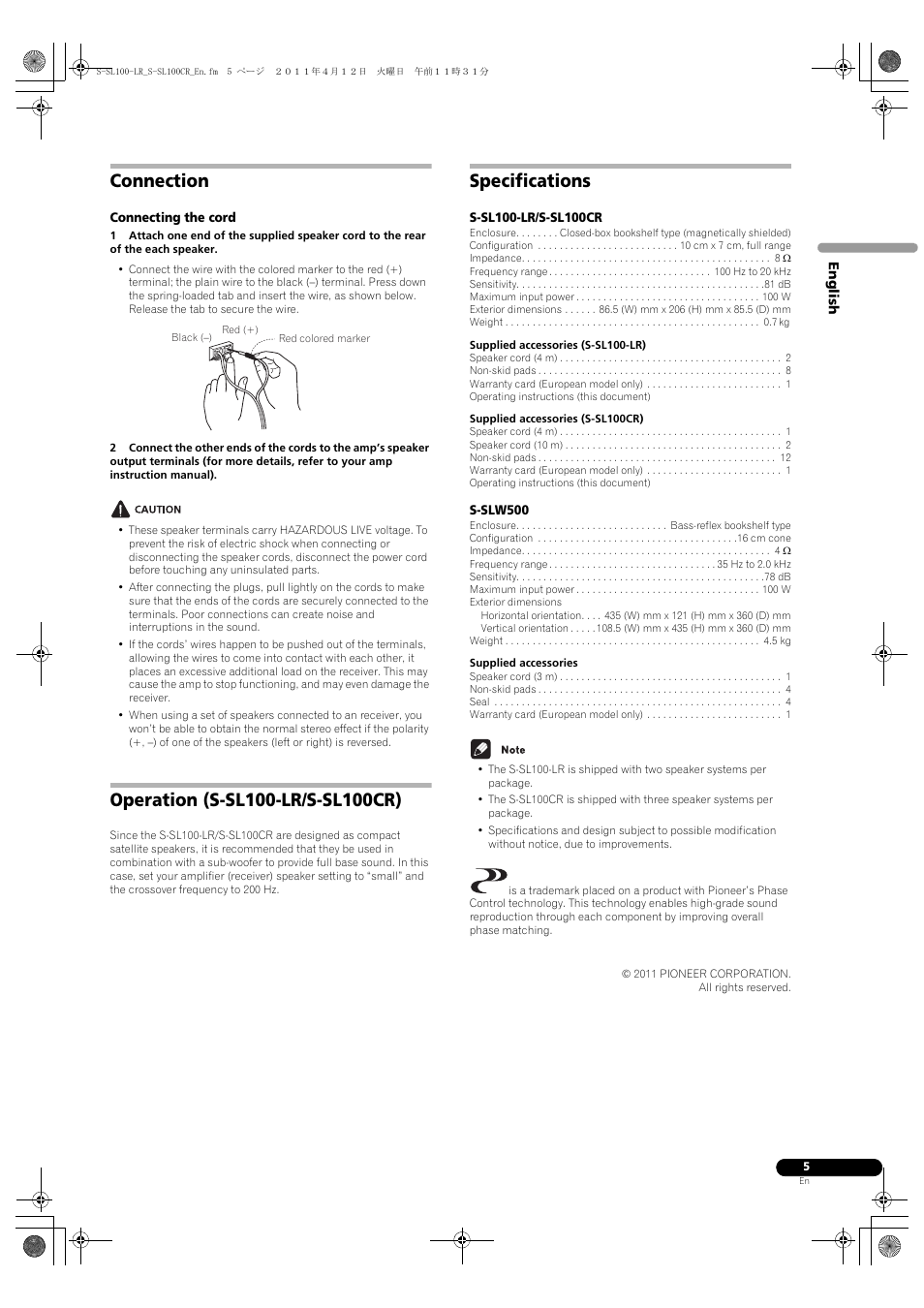 Connection, Specifications | Pioneer HTP-SL100 User Manual | Page 5 / 80