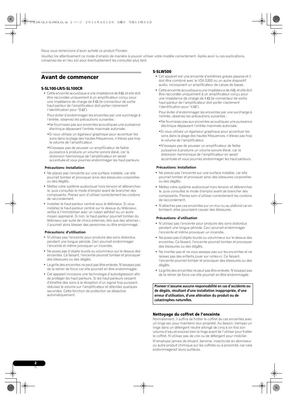 Enceinte d’extrêmes graves, Avant de commencer | Pioneer HTP-SL100 User Manual | Page 8 / 80