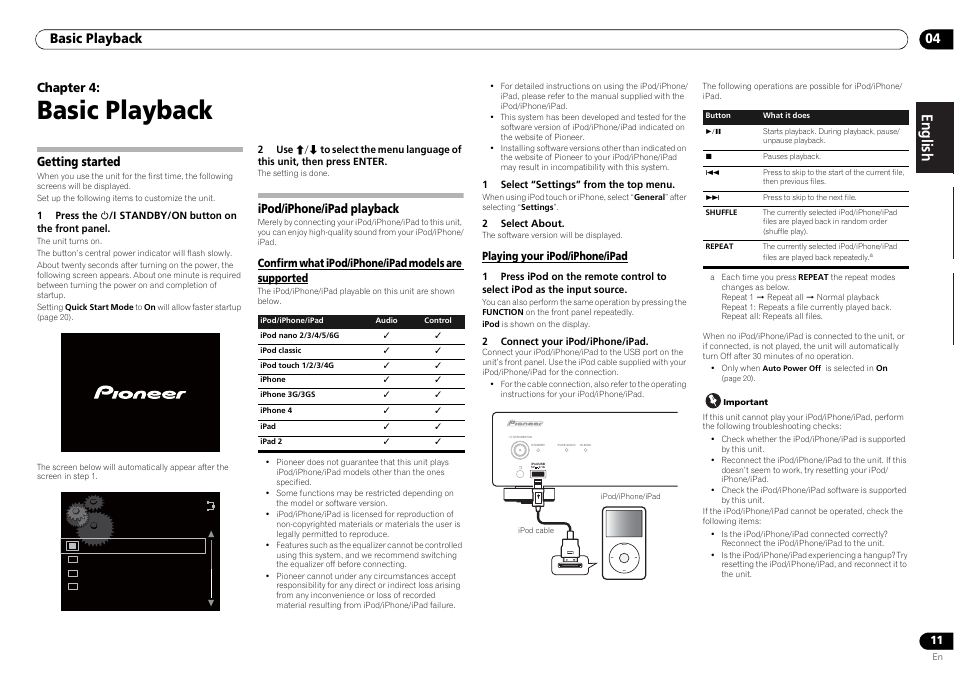 04 basic playback, Getting started ipod/iphone/ipad playback, Confirm what ipod/iphone/ipad models are | Supported playing your ipod/iphone/ipad, Basic playback, Menu, English français español, Basic playback 04, Chapter 4, Getting started | Pioneer N-30-K User Manual | Page 11 / 28