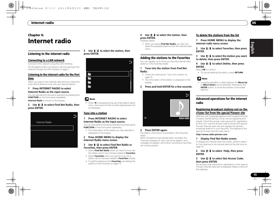 06 internet radio, Listening to the internet radio, Adding the stations to the favorites | To delete the stations from the list, Advanced operations for the internet radio, Registering broadcast stations not on the, Vtuner list from the special pioneer site, Internet radio, English français español | Pioneer N-30-K User Manual | Page 15 / 28