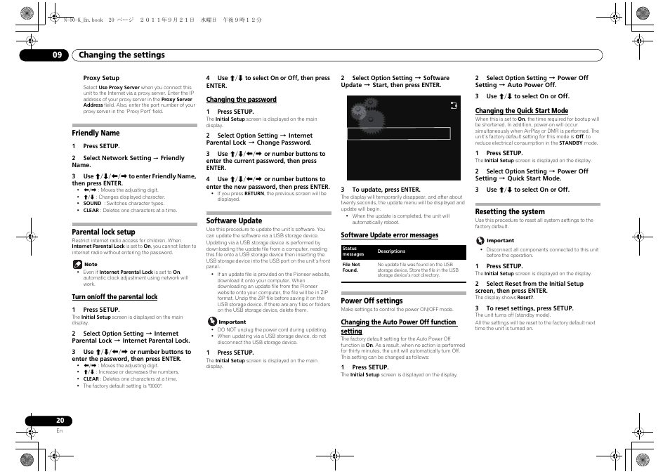 Friendly name parental lock setup, Software update, Software update error messages | Power off settings, Resetting the system | Pioneer N-30-K User Manual | Page 20 / 28