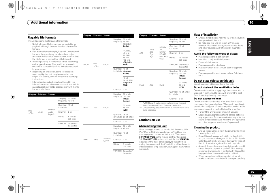 Playable file formats cautions on use, English français español, Additional information 10 | Playable file formats, Cautions on use | Pioneer N-30-K User Manual | Page 25 / 28