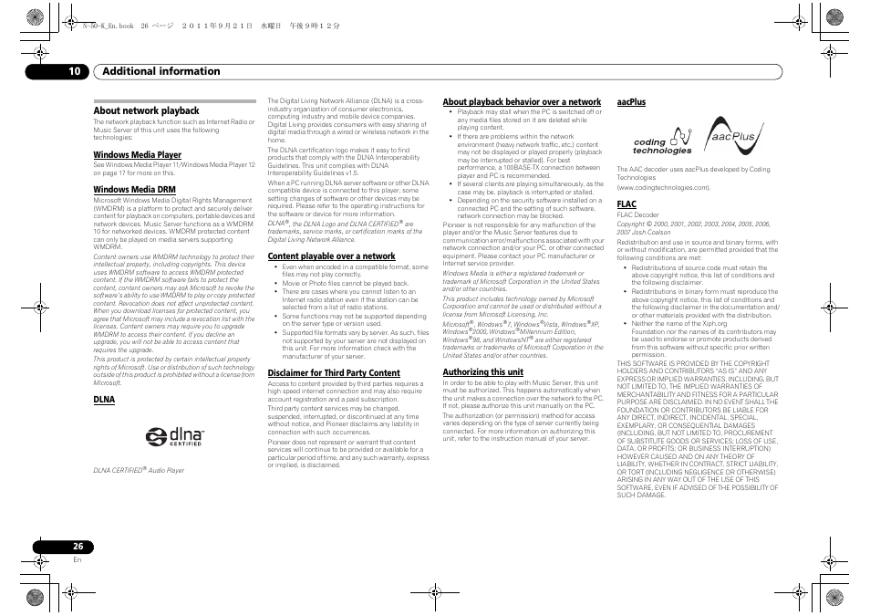 About network playback, Additional information 10 | Pioneer N-30-K User Manual | Page 26 / 28