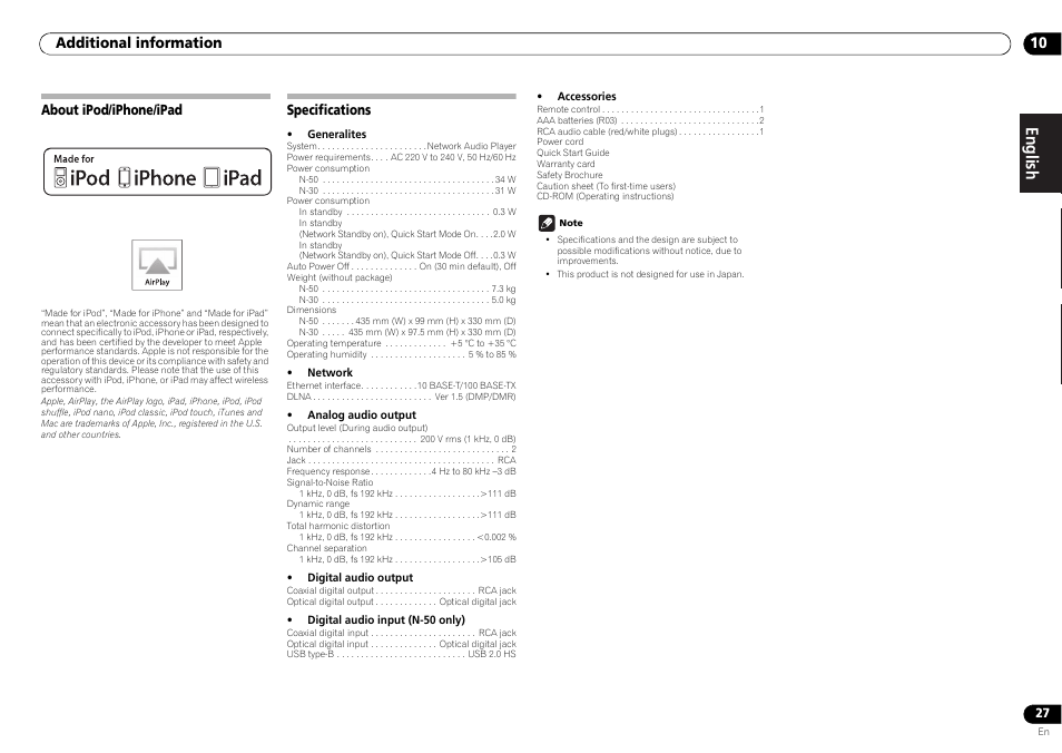 About ipod/iphone/ipad specifications, English français español | Pioneer N-30-K User Manual | Page 27 / 28