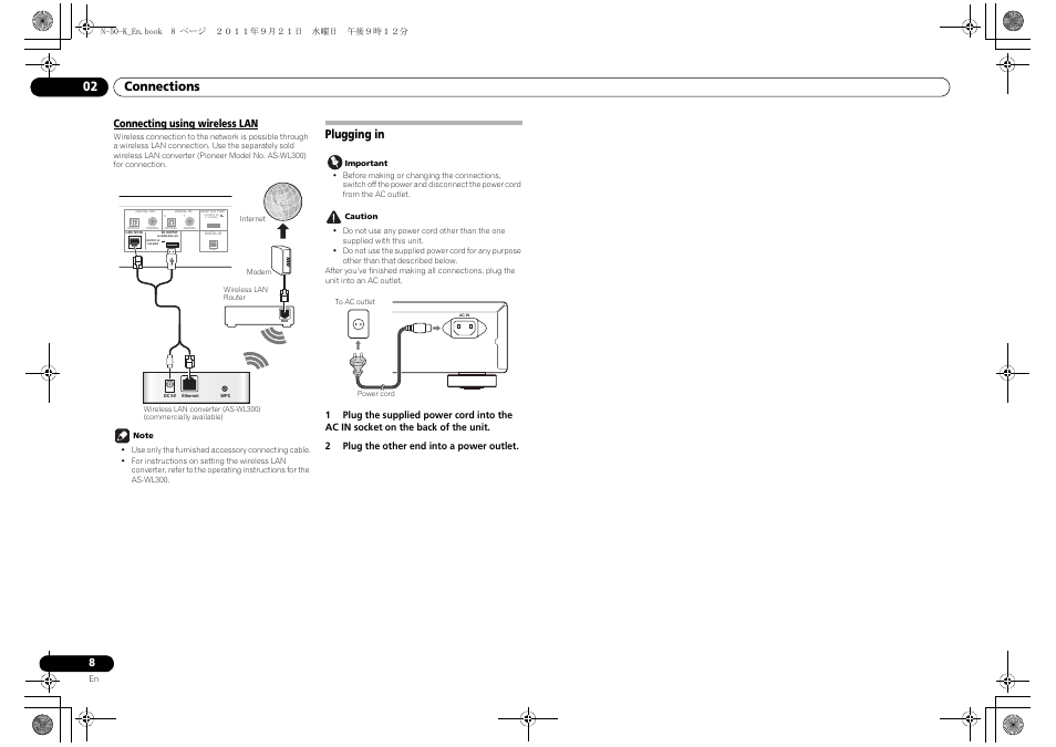 Connecting using wireless lan, Plugging in, Connections 02 | Pioneer N-30-K User Manual | Page 8 / 28