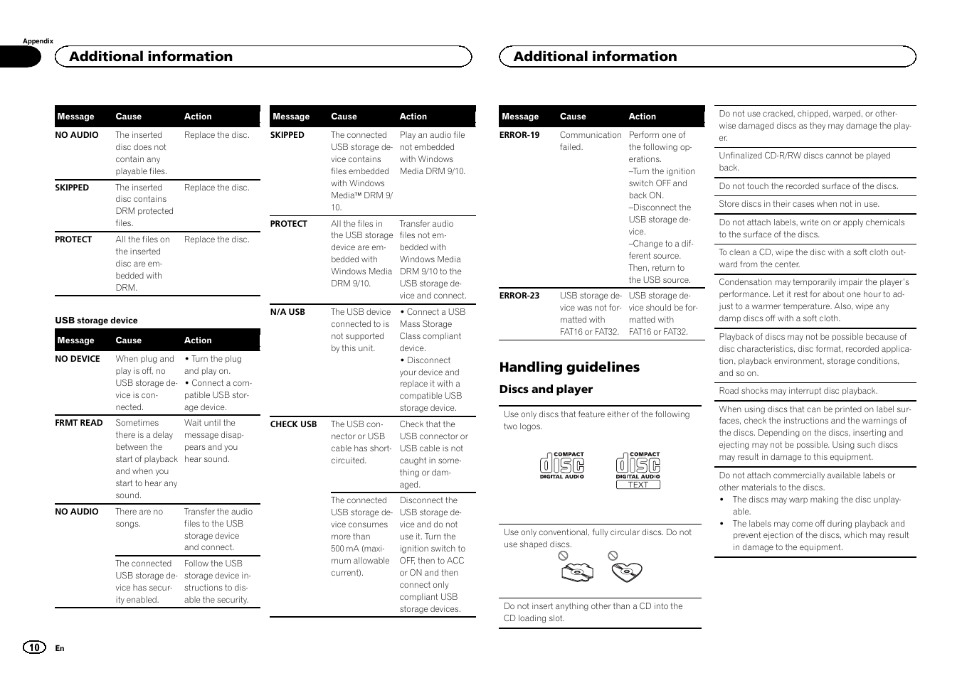 Handling guidelines, Additional information | Pioneer DEH-141UB User Manual | Page 10 / 100