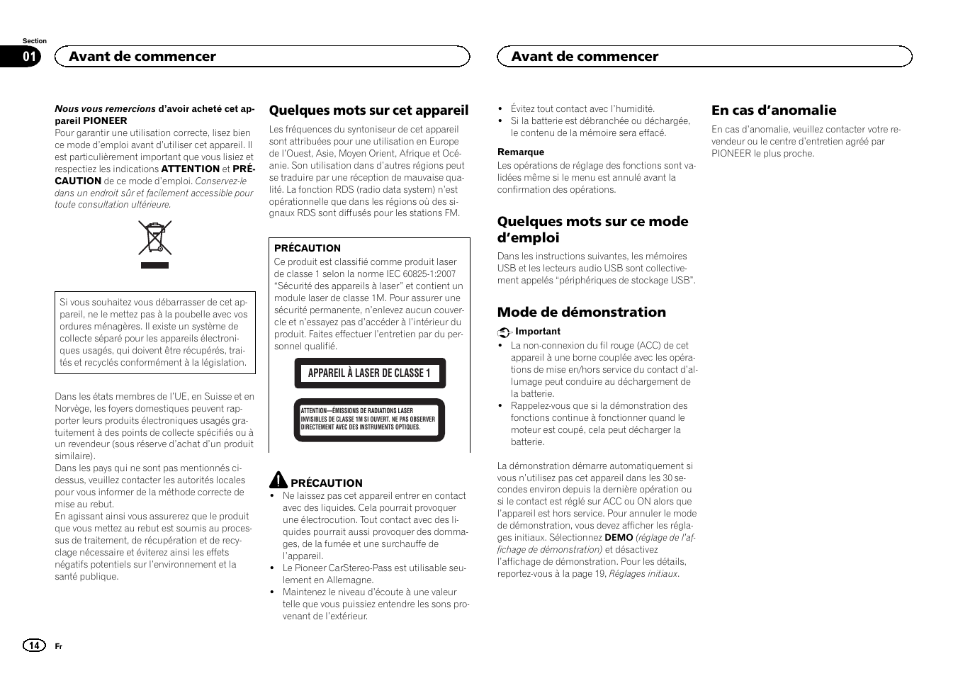 Français, Quelques mots sur cet appareil, Quelques mots sur ce mode d ’emploi | Mode de démonstration, En cas d ’anomalie, Avant de commencer | Pioneer DEH-141UB User Manual | Page 14 / 100