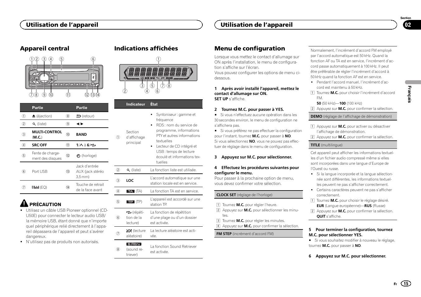 Appareil central, Indications affichées, Menu de configuration | Utilisation de l ’appareil | Pioneer DEH-141UB User Manual | Page 15 / 100