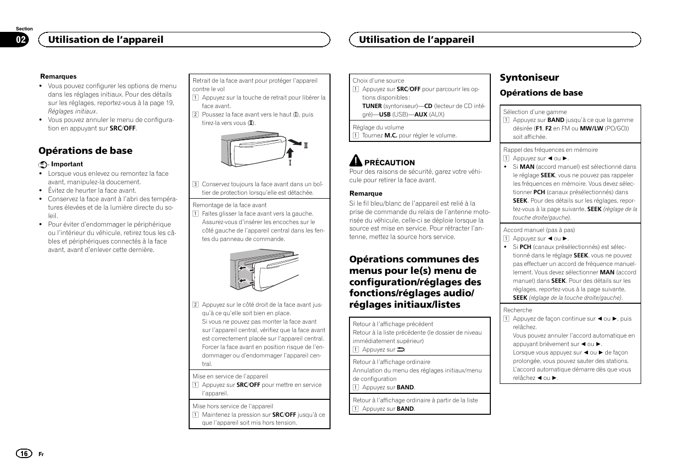 Opérations de base, Syntoniseur, Utilisation de l ’appareil | Pioneer DEH-141UB User Manual | Page 16 / 100