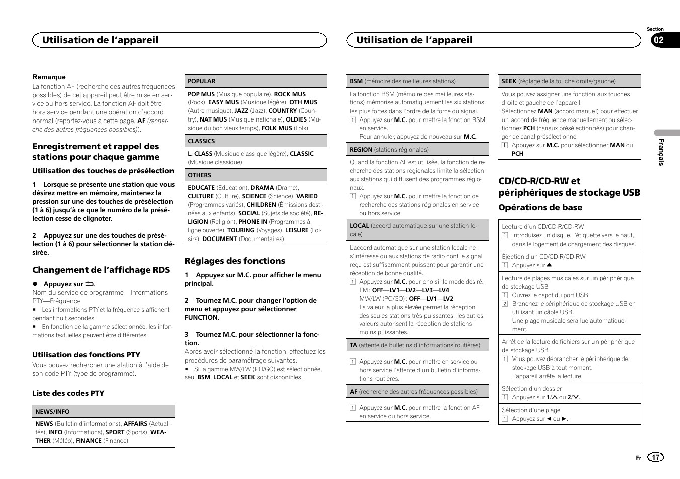 Seek (réglage de la, Touche droite/gauche), Cd/cd-r/cd-rw et périphériques de stockage usb | Utilisation de l ’appareil | Pioneer DEH-141UB User Manual | Page 17 / 100