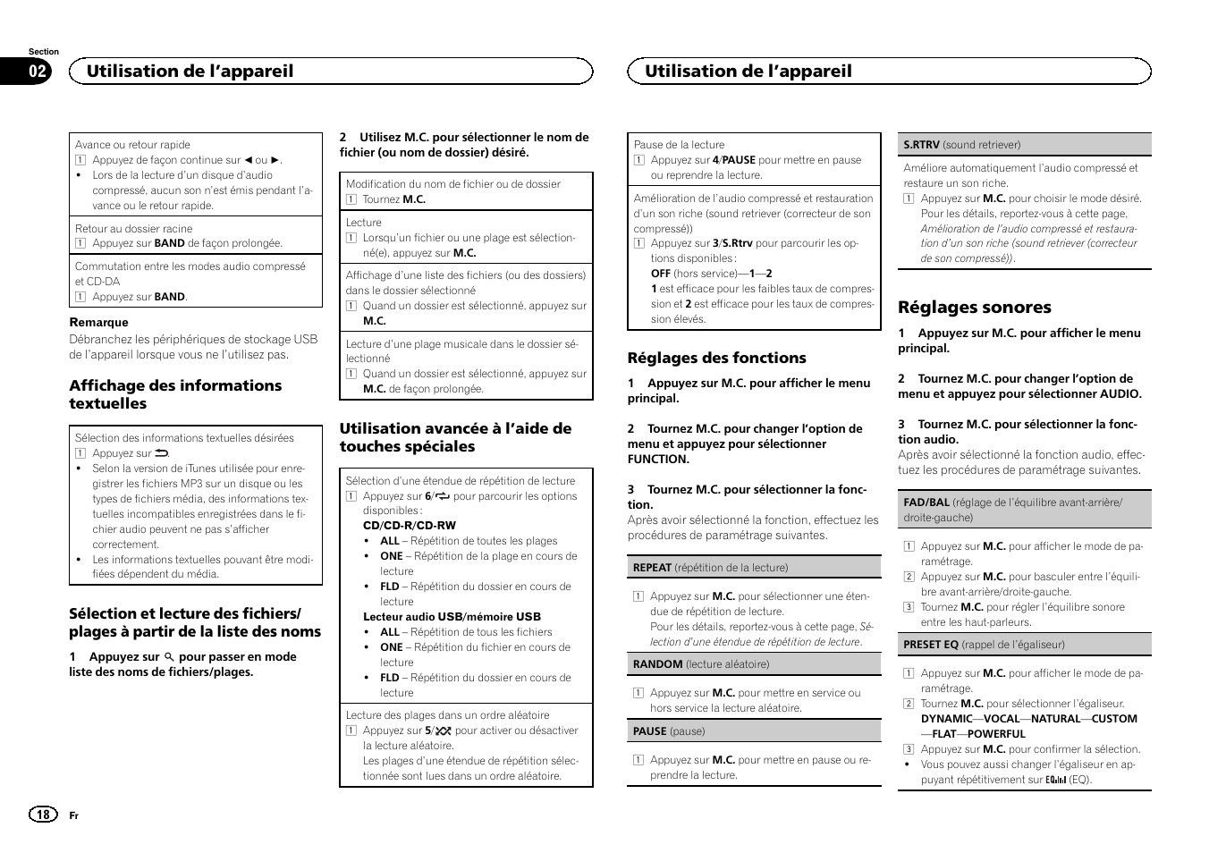 Réglages sonores, Utilisation de l ’appareil | Pioneer DEH-141UB User Manual | Page 18 / 100