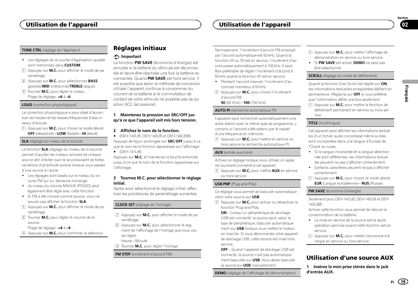 Demo (réglage de l, Fichage de démonstration), Réglages initiaux | Utilisation d ’une source aux, Utilisation de l ’appareil | Pioneer DEH-141UB User Manual | Page 19 / 100