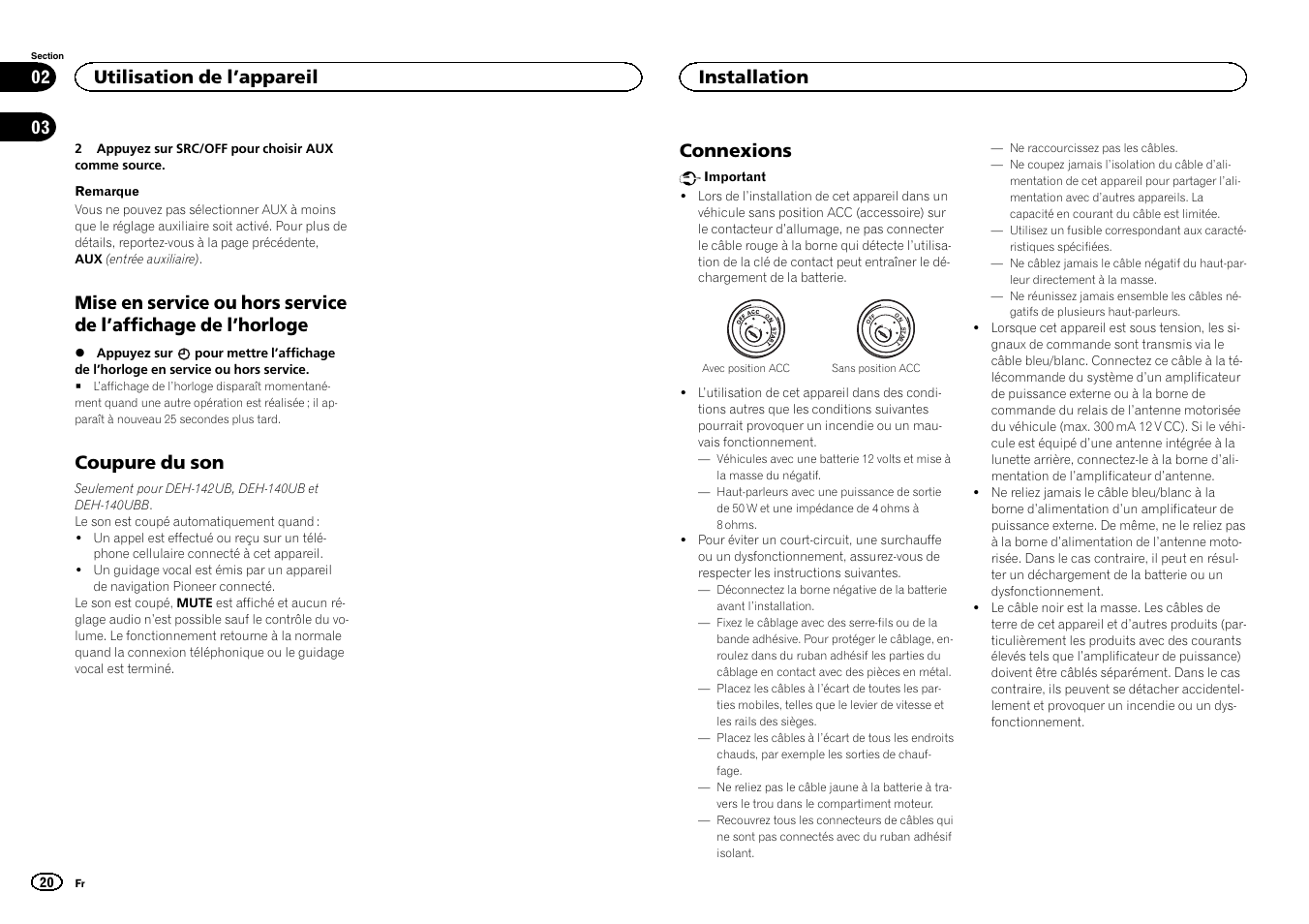 Coupure du son, Connexions, Utilisation de l ’appareil | Installation | Pioneer DEH-141UB User Manual | Page 20 / 100